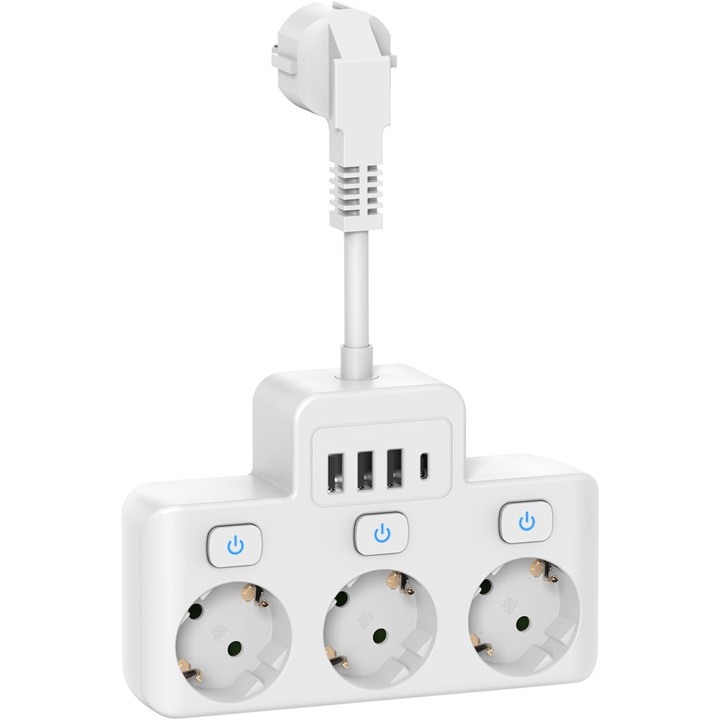 Смарт удължител, NUODWELL, 7-в-1, 3 порта, 3xUSB, 1xUSB-C, 3 независими превключвателя, 5 см дължина на кабела, множествена защита, бял