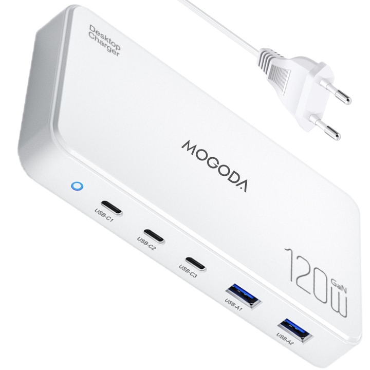 Зарядна станция 120W MOGODA®, 1 x USB C 65W, 1 x USB тип C 45W, 1 x USB тип C 20W, 2 x USB 18W, 5 порта, Бързо зареждане, Съвместим Samsung, Iphone, Huawei, Лаптоп, Таблет, Бял