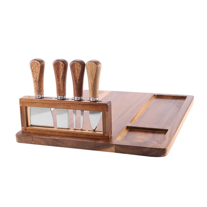 Set platou/cutite branzeturi, Lemn/Otel inoxidabil, 365x285x15mm, Maro