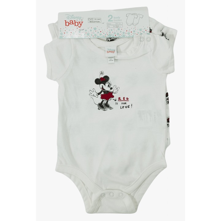 Set 2 Body fete OVS, Disney - Minnie & Mickey Mouse, Bumbac BIO, nou nascut, 2822, Alb, 50 CM