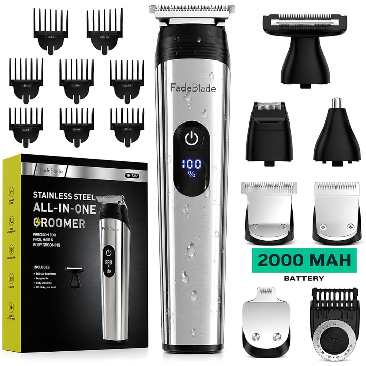 Masina de Tuns si de Ras FadeBlade® Multi Beard Pro, 15.000 rot/min, Lame Inox, Corp Metal, Profesional, Barba, Cap, Inghinal, Fara Fir, Acumulator Aparat 2000mAh, Trimmer Nas Inclus, IPX7, 22 Accesorii, Argintiu