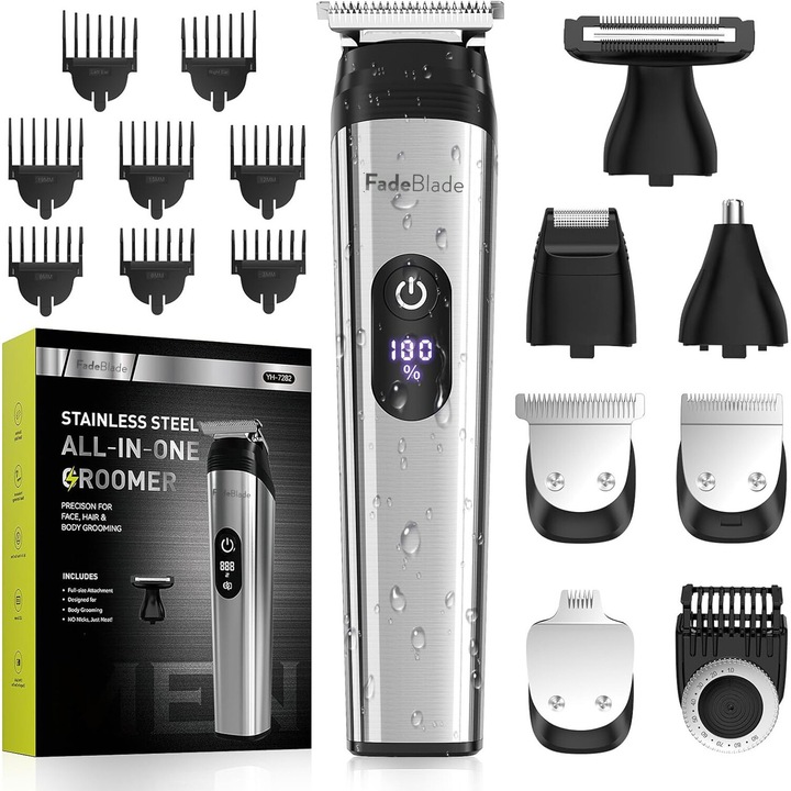 Masina de Tuns si de Ras FadeBlade® Multi Beard Pro, 15.000 rot/min, Lame Inox, Corp Metal, Profesional, Barba, Cap, Inghinal, Fara Fir, Acumulator Aparat 2000mAh, Trimmer Nas Inclus, IPX7, 22 Accesorii, Argintiu