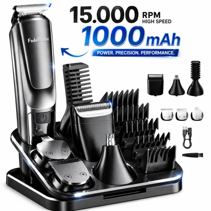 Masina De Tuns Si Ras FadeBlade® Groom Pro, Lame Inox, Profesional, Barba, Cap, Inghinal, Fara Fir, 15.000 RPM, Acumulator Aparat 1000mAh, Trimmer Nas Inclus, IPX7, 11 Accesorii, Argintiu