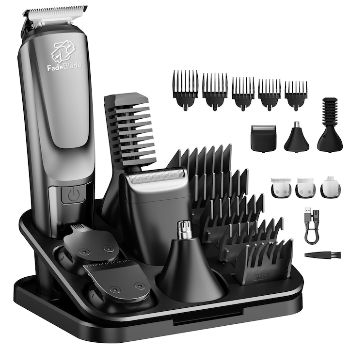 Masina De Tuns Si Ras FadeBlade® Groom Pro, Lame Inox, Profesional, Barba, Cap, Inghinal, Fara Fir, 10.000 RPM, Acumulator Aparat 600mAh, Trimmer Nas Inclus, IPX7, 11 Accesorii, Argintiu