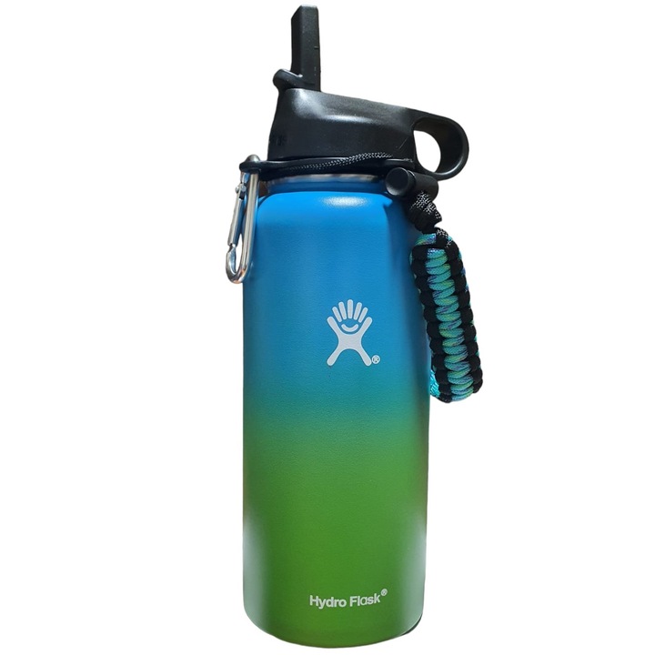 Бутилка Hydro Flask от неръждаема стомана и вакуумна изолация с капак, скоба и сламка 946 ml, синьо/зелено
