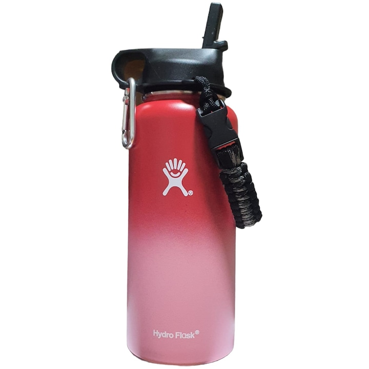 Бутилка Hydro Flask от неръждаема стомана и вакуумна изолация с капак, скоба и сламка 946 мл, бордо/розово