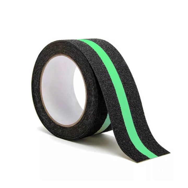 Banda Adeziva Antiderapanta Fosforescenta pentru Scari/Trepte Interior/Exterior, Multisuprafete, Rezistenta la Apa, Lungime 5 m, Latime 5 cm, Negru-Verde, Luxer