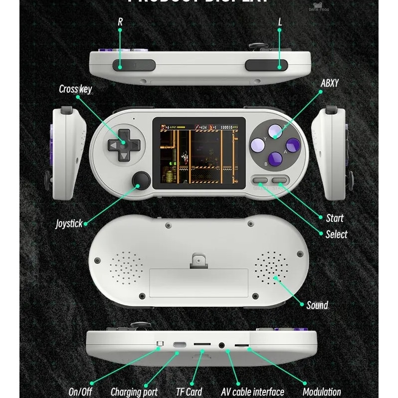 Consola de jocuri retro DATA FROG SF2000, SOC Hi-Chip Semiconductor B210, CPU single core MIPS24KEc 800MHz, RAM 128MB DDR2, Display 3.0 inch IPS 320x240 133DPI 4:3 asprect ratio, baterie 1500 mAh, SD card 32GB, gri, portabila
