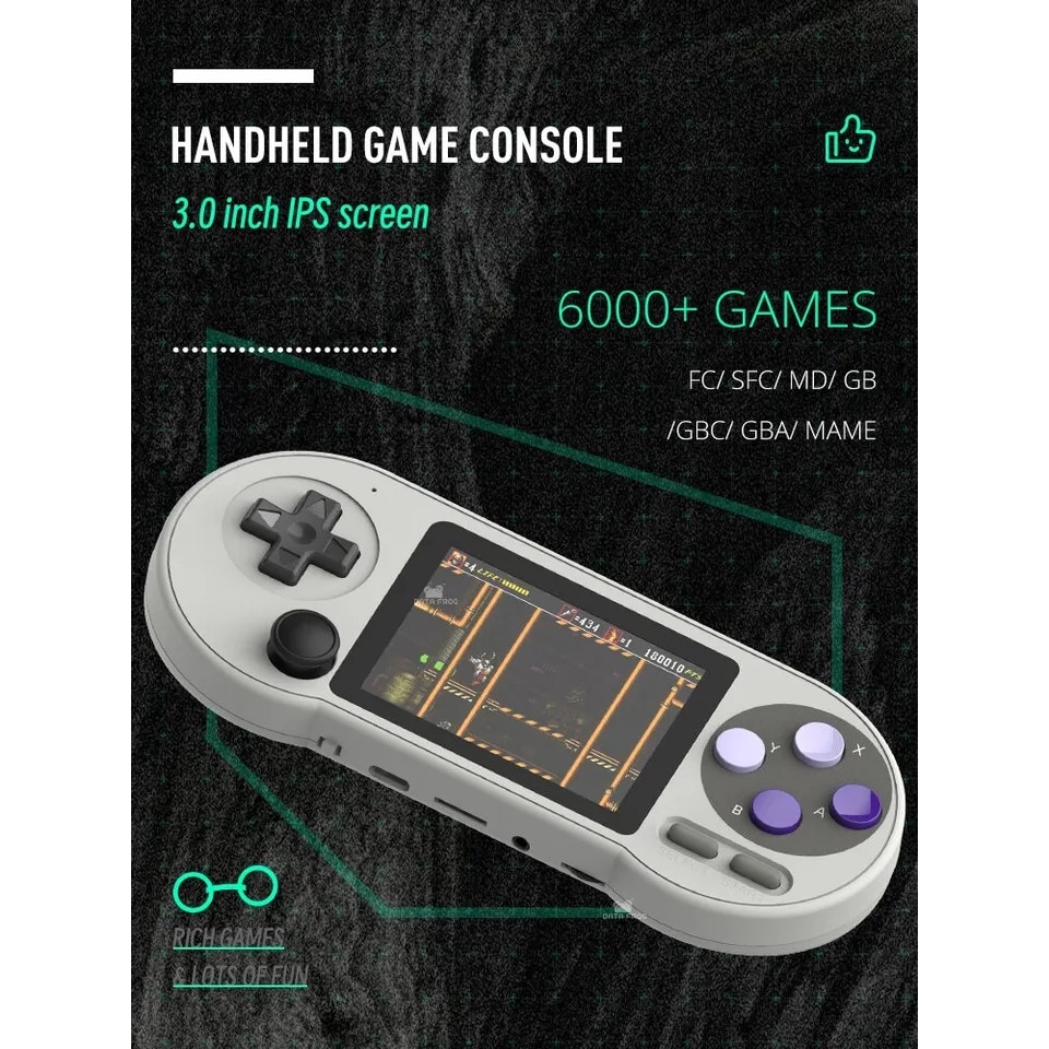 Consola de jocuri retro DATA FROG SF2000, SOC Hi-Chip Semiconductor B210, CPU single core MIPS24KEc 800MHz, RAM 128MB DDR2, Display 3.0 inch IPS 320x240 133DPI 4:3 asprect ratio, baterie 1500 mAh, SD card 32GB, gri, portabila