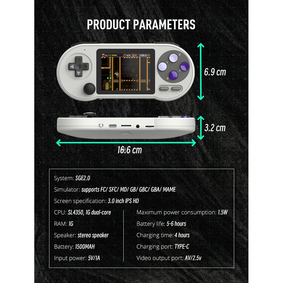 Consola de jocuri retro DATA FROG SF2000, SOC Hi-Chip Semiconductor B210, CPU single core MIPS24KEc 800MHz, RAM 128MB DDR2, Display 3.0 inch IPS 320x240 133DPI 4:3 asprect ratio, baterie 1500 mAh, SD card 32GB, gri, portabila