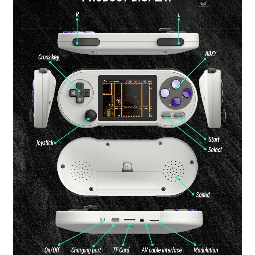 Consola de jocuri retro DATA FROG SF2000, SOC Hi-Chip Semiconductor B210, CPU single core MIPS24KEc 800MHz, RAM 128MB DDR2, Display 3.0 inch IPS 320x240 133DPI 4:3 asprect ratio, baterie 1500 mAh, SD card 32GB, gri, portabila