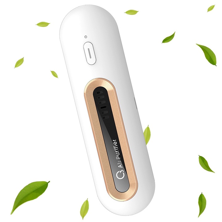 Odorizant frigider, Axroad Mall, Sterilizare, Elimina mirosul din masina, sifonier, congelator, Ajuta la prelungirea duratei de viata a fructelor si legumelor, 800mAh, Type-C, 5V, ABS, 126x35mm, Alb/Auriu