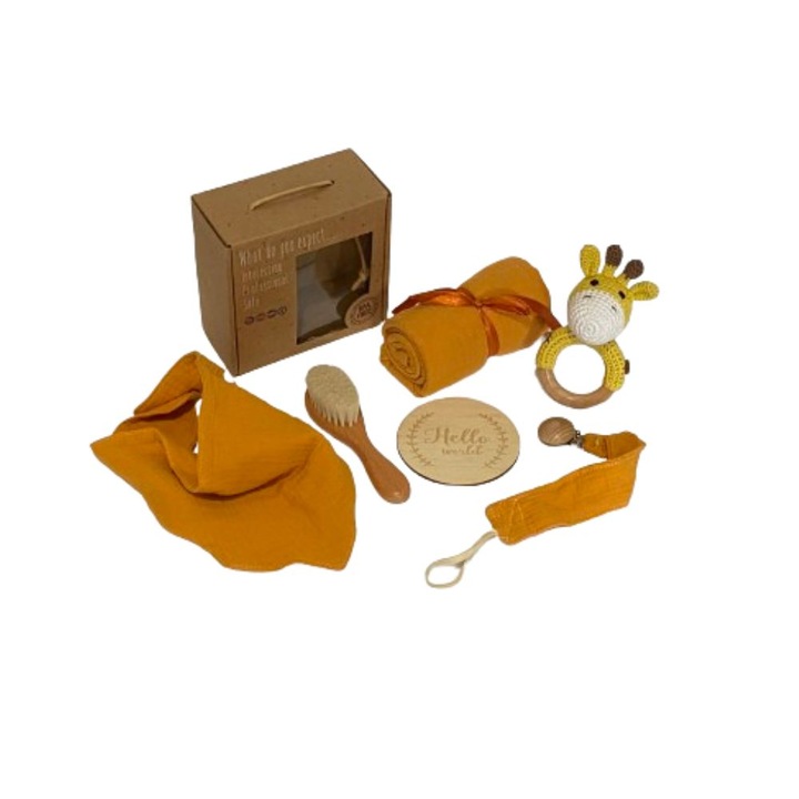 Babakészlet, újszülött üdvözlet, lányoknak vagy fiúknak, 6 részes, zsiráfos horgolt facsörgő játék, muszlin pólya, előke, hajkefe, mérföldkő kártya, cumi lánc, sárga