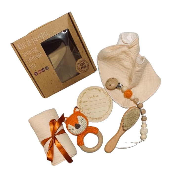 Babakészlet, újszülött üdvözlet, lányoknak vagy fiúknak, 6 részes készlet, Fox Csörgő horgolt játék, muszlin pólya, előke, hajkefe, mérföldkő kártya, cumi lánc, narancs