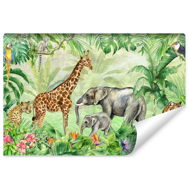 Fototapet jungla, plante exotice, salbatice, dragut, animale, elefant, girafa 368 cm x 254 cm decor camera copiilor