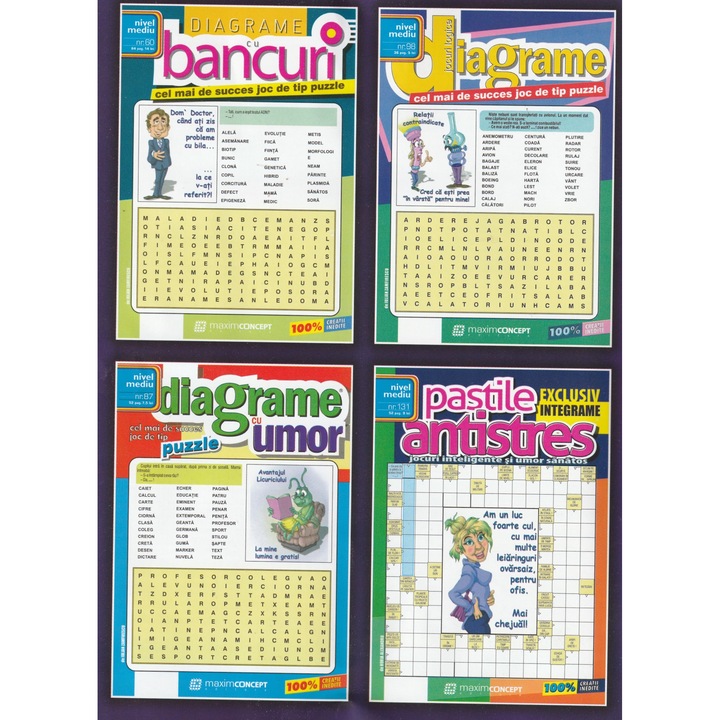 Pachet de 3 diagrame si pastile antistres (diagrame cu bancuri, jocuri logice, cu umor, pastile antistes) - nivel mediu, Maxim