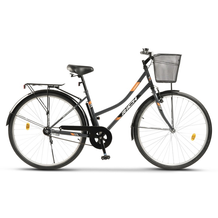 Bicicleta pentru oras, cadru dama/barbat, Dunarea MTB JSX2892, roata 28 inch, frana tip V-Brake fata, frana Torpedo spate, gri cu portocaliu