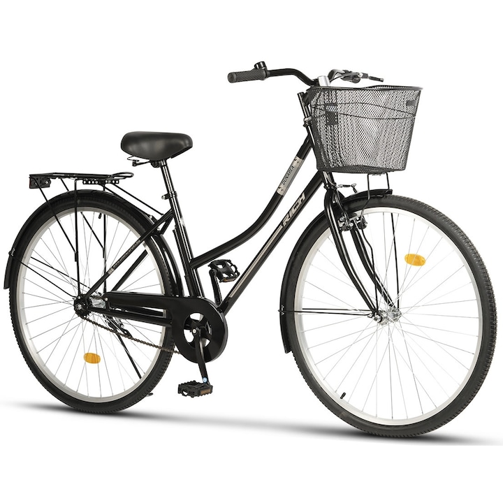 Bicicleta de Oras cu Roti de 28 inch, cos si portbagaj, Frana spate Torpedo/fata V-brake, 1 Viteza, negru/gri, Rich Dunarea Genius Dama/Barbat