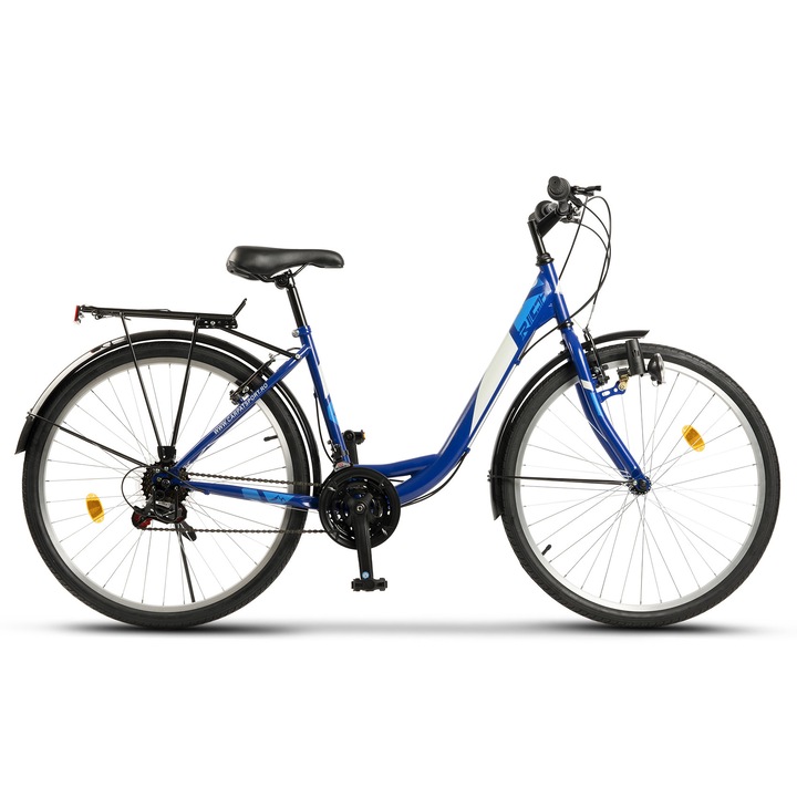 Bicicleta pentru oras tip MTB Rich Alpina JSX2632, frana tip V-Brake fata/spate, roata 26 inch, aparatori noroi fata/spate, portbagaj, 21 Viteze, far dinam, albastru cu alb