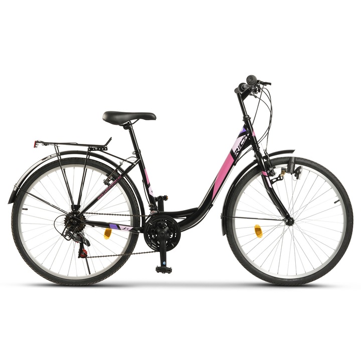 Bicicleta pentru oras tip MTB Rich Alpina JSX2632, frana tip V-Brake fata/spate, roata 26 inch, aparatori noroi fata/spate, portbagaj, 21 Viteze, far dinam, negru cu fucsia