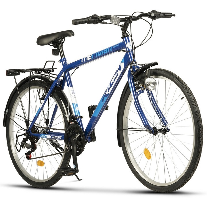 Bicicleta de Oras cu Roti de 26", Echipare SunRun, Portbagaj, Aripi, Far Dinam, Frane V-Brake, 21 Viteze, albastru/alb, City bike Rich Meridian Country Unisex