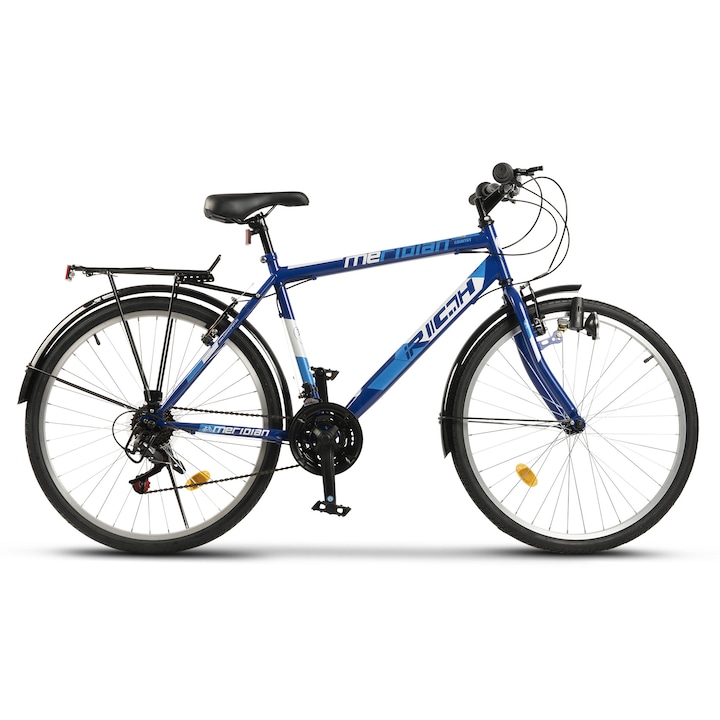 Bicicleta pentru oras tip MTB Rich Meridian JSX2635, frana tip V-Brake fata/spate, roata 26 inch, aparatori noroi fata/spate, portbagaj, 21 Viteze, far dinam, albastru cu alb