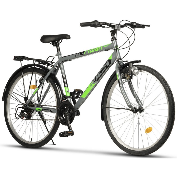 Bicicleta de Oras cu Roti de 26", Echipare SunRun, Portbagaj, Aripi, Far Dinam, Frane V-Brake, 21 Viteze, gri/verde, City bike Rich Meridian Country Unisex