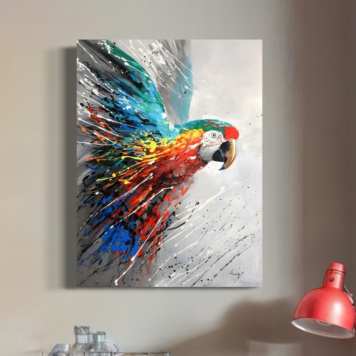 Tablou Canvas Premium, LuxCanva® C1016, Papagal Zburand, 90 X 120 CM, Panza Bumbac 100% 400g/m2, Sasiu Lemn, Penaj Viu Colorat, Culori, Living, Camera Copilului, Birou, Relaxare, Culori Vibrante