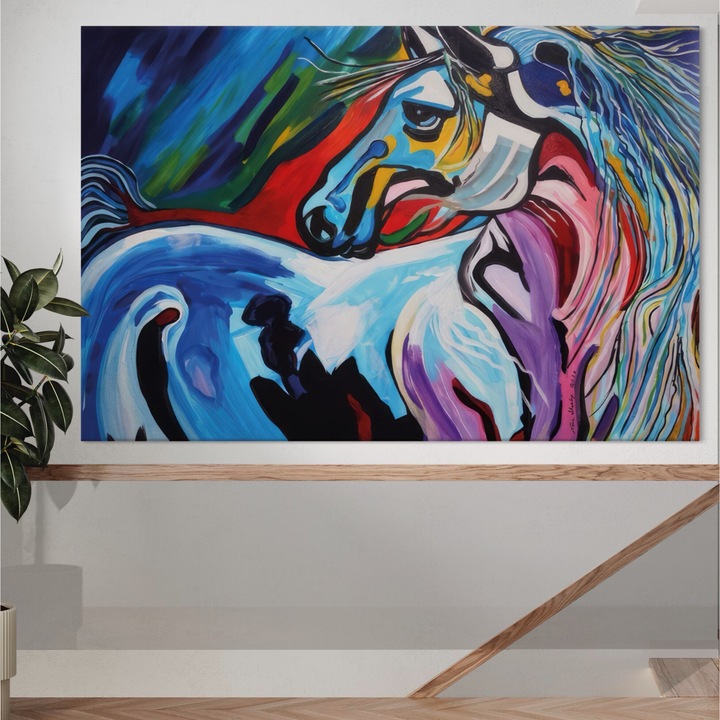 Tablou Canvas Premium, LuxCanva® A1342, Colorful Horse, 80 X 120 CM, Panza Bumbac 100% 400g/m2, Sasiu Lemn, Living, Cal, Animal, Camera Copil, Multicolor, Culori Vibrante