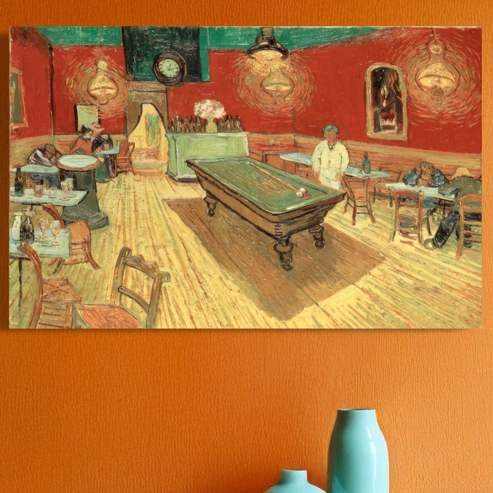 Премиум картина върху платно, LuxCanva® C1036, Игра на билярд, 100 X 155 CM, 100% памучно платно 400g/m2, дървена рамка, цветове, билярд, бар, игрална зала, бар, релаксация, ярки цветове