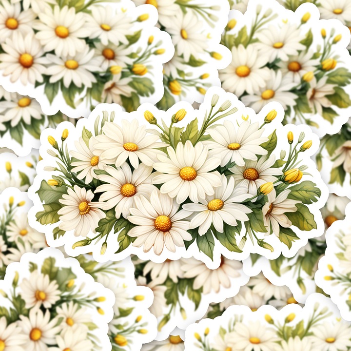 Set 5 bucati, Sticker decorativ, Aranjament floral cu margarete, Rezistent la apa, NO14017, 6 cm, Multicolor