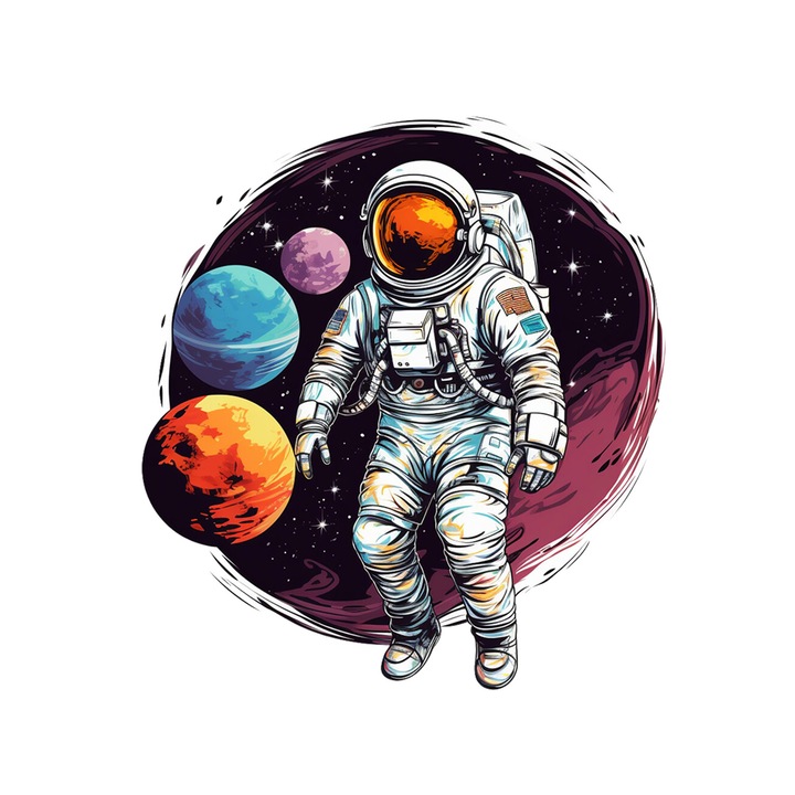 Set 5 bucati, Sticker decorativ, Astronaut in spatiu Ahile, Rezistent la apa, NO14683, 6 cm, Multicolor