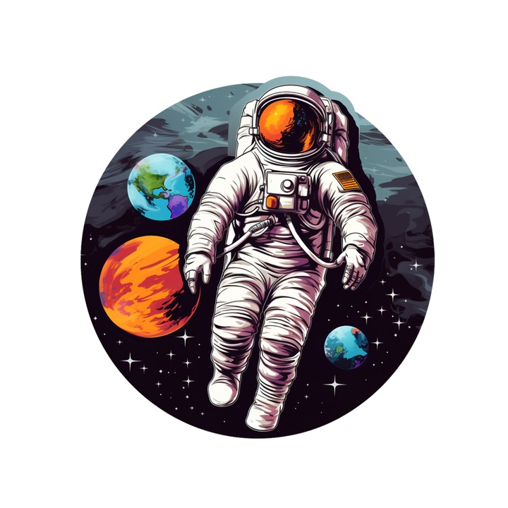 Set 5 bucati, Sticker decorativ, Astronaut in spatiu Cezar, Rezistent la apa, NO10061, 6 cm, Multicolor