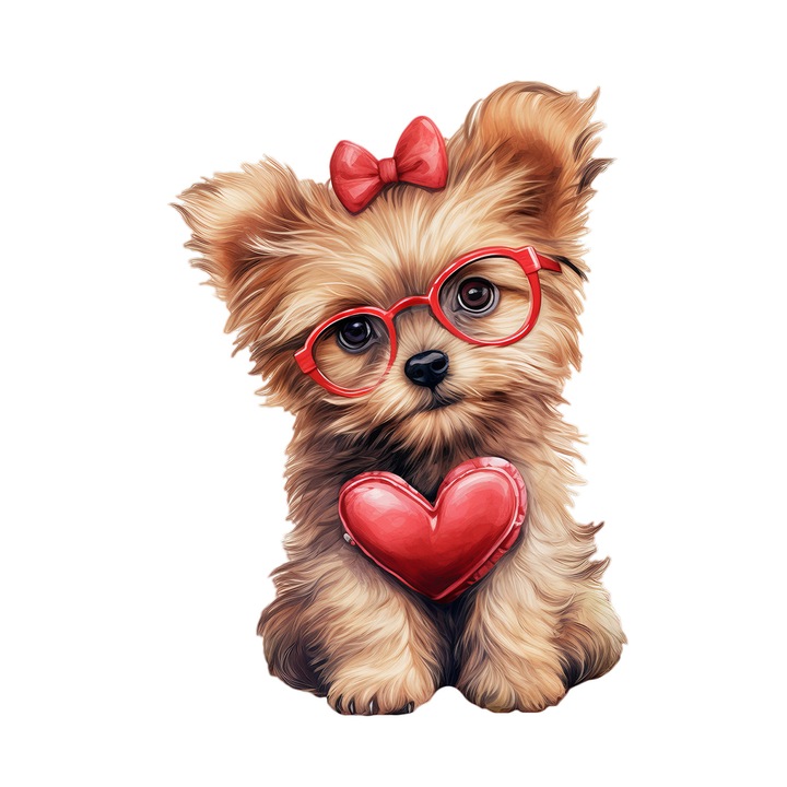 Set 5 bucati, Sticker decorativ, Yorkshire Terrier cu ochelari si funda rosie in caphire Terrier, Rezistent la apa, NO11893, 6 cm, Multicolor