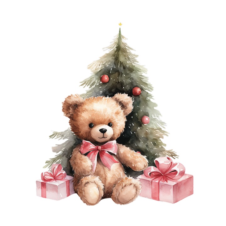 Set 5 bucati, Sticker decorativ, Urs langa pomul de craciun, Rezistent la apa, NO12182, 6 cm, Multicolor