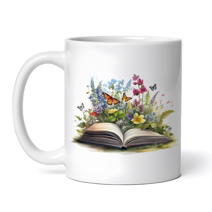 Керамична чаша, Книга и цветя Noelia, NO6088, 330 мл, Многоцветна
