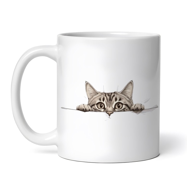 Керамична чаша, Любопитна котка, NO6386, 330 ml, Многоцветна