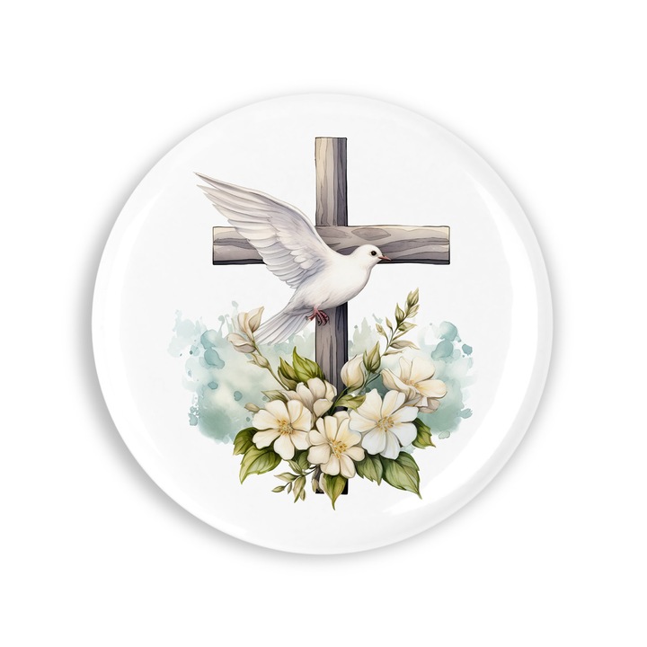 Set 4 insigne, Crucea cu flori si porumbel alb, NO3957, Metal, 44 mm, Multicolor
