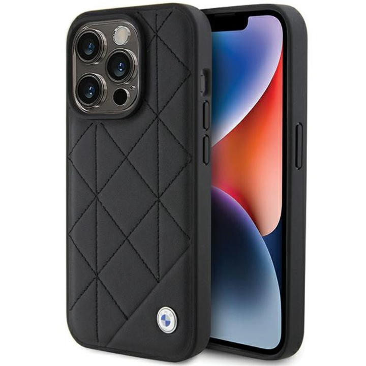 Bmw leather quilted műanyag mobiltelefon tok, eco bőr hatású, kameravédő, rombusz, fekete, kompatibilis: Apple iPhone 15 Pro Max