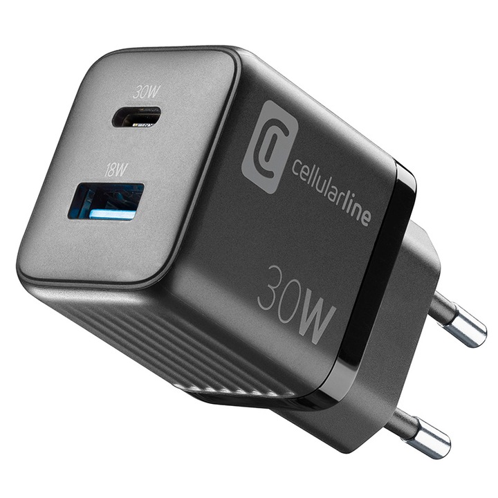 Cellularline, Telefontöltő, USB-C/USB-A, 30W, Fekete
