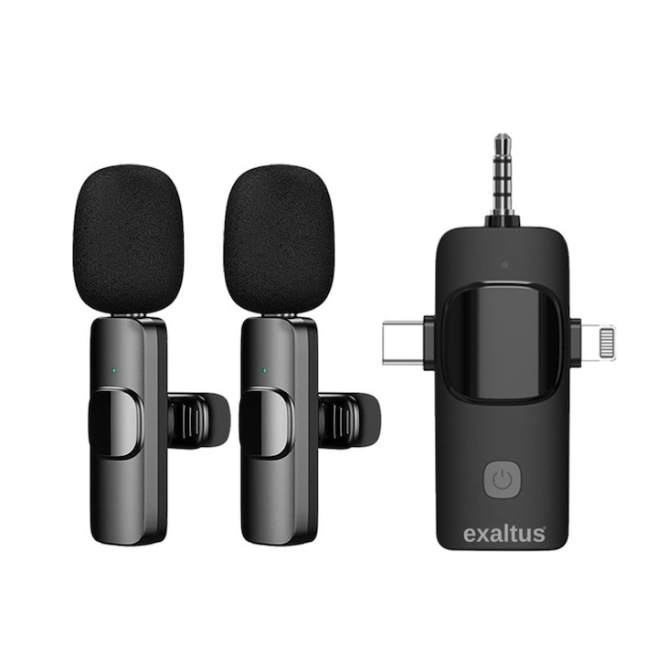 Комплект от 2 професионални микрофона тип лавалиер, Exaltus®, USB C, 3.5 мм жак, Lightning, безжични, 2.4 GHz, за интервюта, презареждащи се, с намаляване на фоновия шум, съвместими с телефони, DSLR камери, звукови карти, лаптопи, преносими