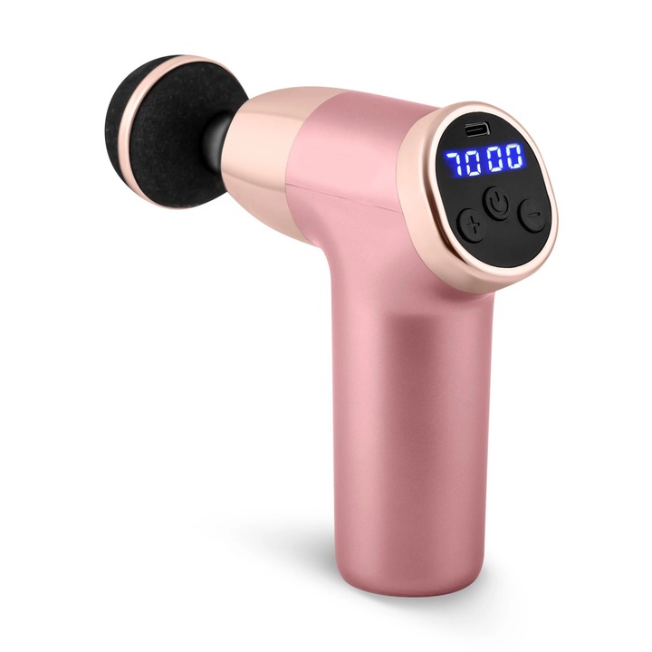 Pistol de masaj corporal DacEnergy©, ecran LCD, 8 accesorii, protectie la supraincalzire, geanta de voiaj, design ergonomic, 20 de viteze, 3200 rotatii pe minut, roz