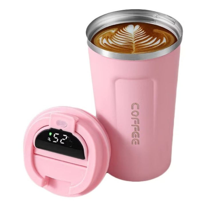 Termos de calatorie, Nut, Inox, cu afisaj al temperaturii, 510 ml, Roz