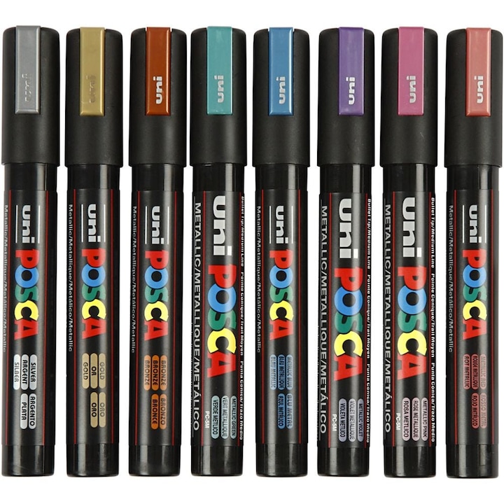 Set 8 markere, Posca PC5M, cu varf mediu, culori metalice