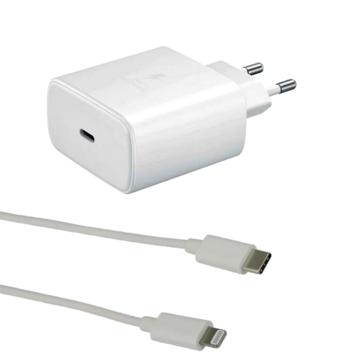 Incarcator Retea Universal USB type-C, Fast Charge, si Cablu de date Type C to Lightning, 45w, Incarcare Rapida, Compatibil cu Apple iPhone 8 Plus, 1 metru, Alb