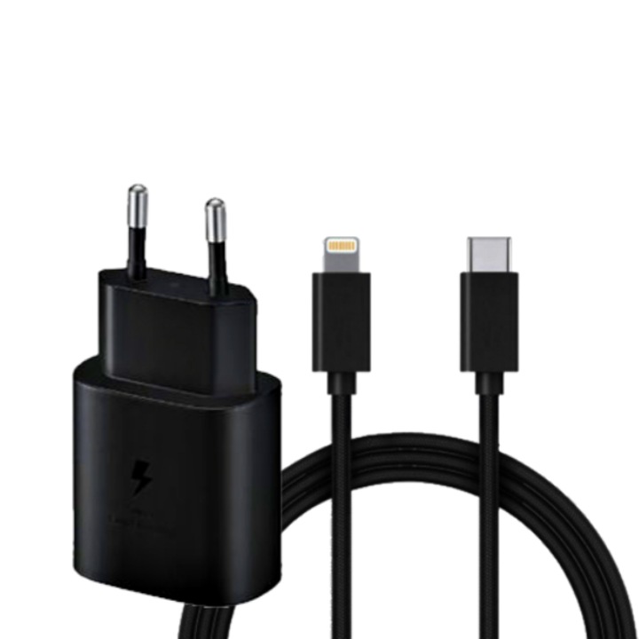 Универсално мрежово зарядно USB тип C, бързо зареждане и кабел за данни тип C към Lightning, 25 w, бързо зареждане, съвместимо с Apple iPhone 13 Pro, 1 метър, черен