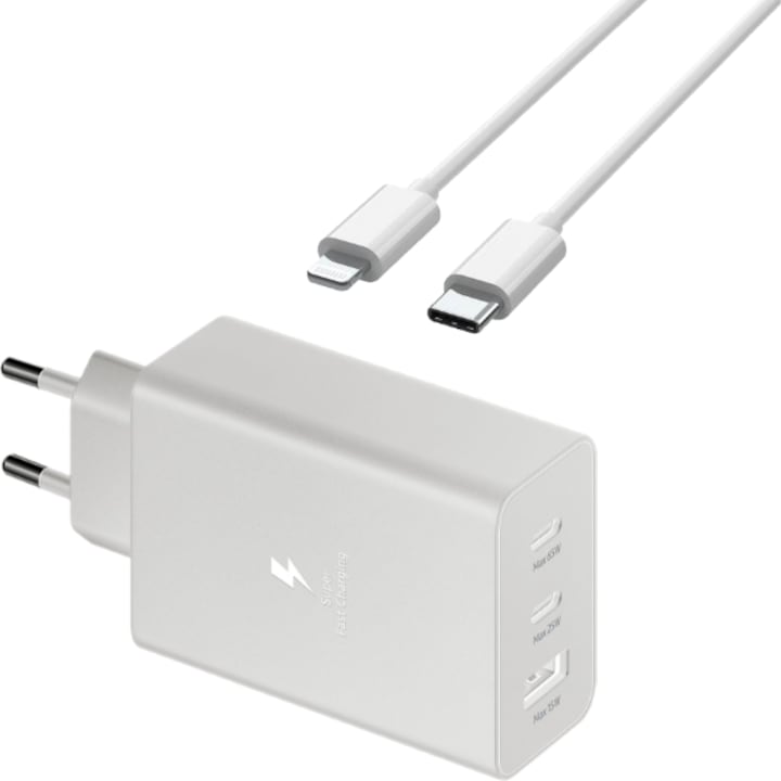 Универсално мрежово зарядно USB тип C и USB A, бързо зареждане и кабел за данни тип C към Lightning, 65w, бързо зареждане, съвместимо с Apple iPhone 8 Plus, 1 метър, бял