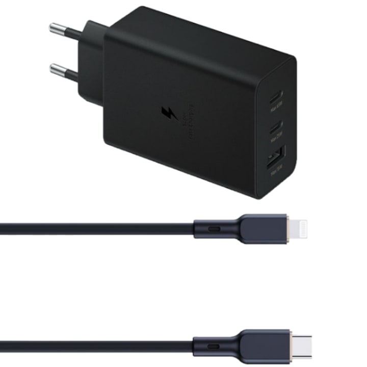 Универсално мрежово зарядно USB тип C и USB A, бързо зареждане и кабел за данни тип C към Lightning, 65w, бързо зареждане, съвместим с Apple iPhone 13 Pro, 1 метър, черен