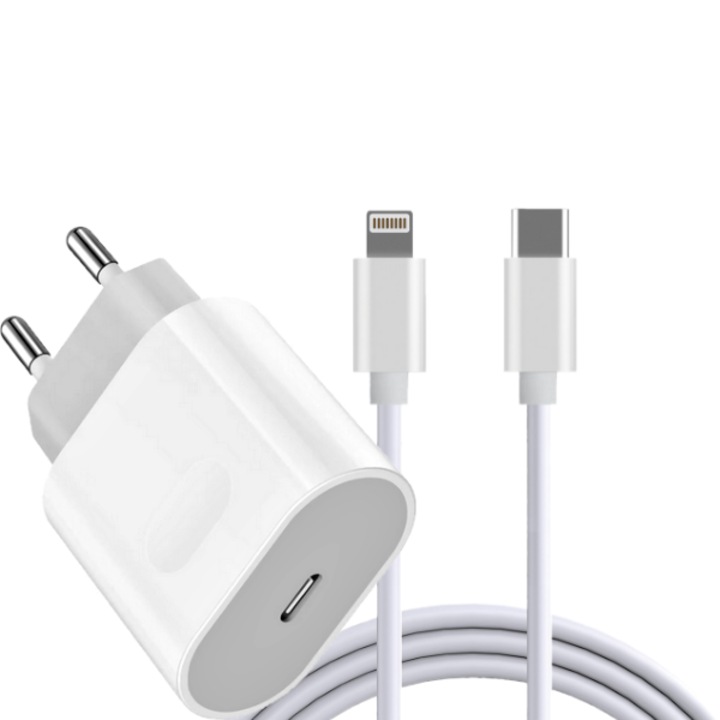 Универсално мрежово зарядно USB Type-C, бързо зареждане и кабел за данни Type C към Lightning, 20w, бързо зареждане, съвместимо с Apple iPhone SE2 2020, 1 метър, бял