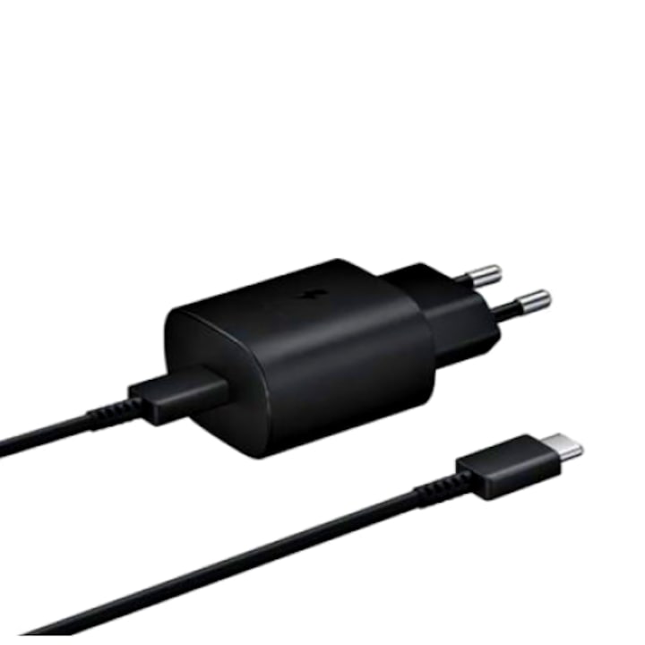Мрежово зарядно устройство, USB Type-C универсално, бързо зареждане и кабел за данни Type C към Type C, 25 w, съвместимо със Samsung Galaxy M11, 1 метър, черен